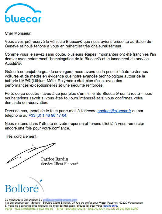 Email reçu du groupe Bolloré pour les Blue Car